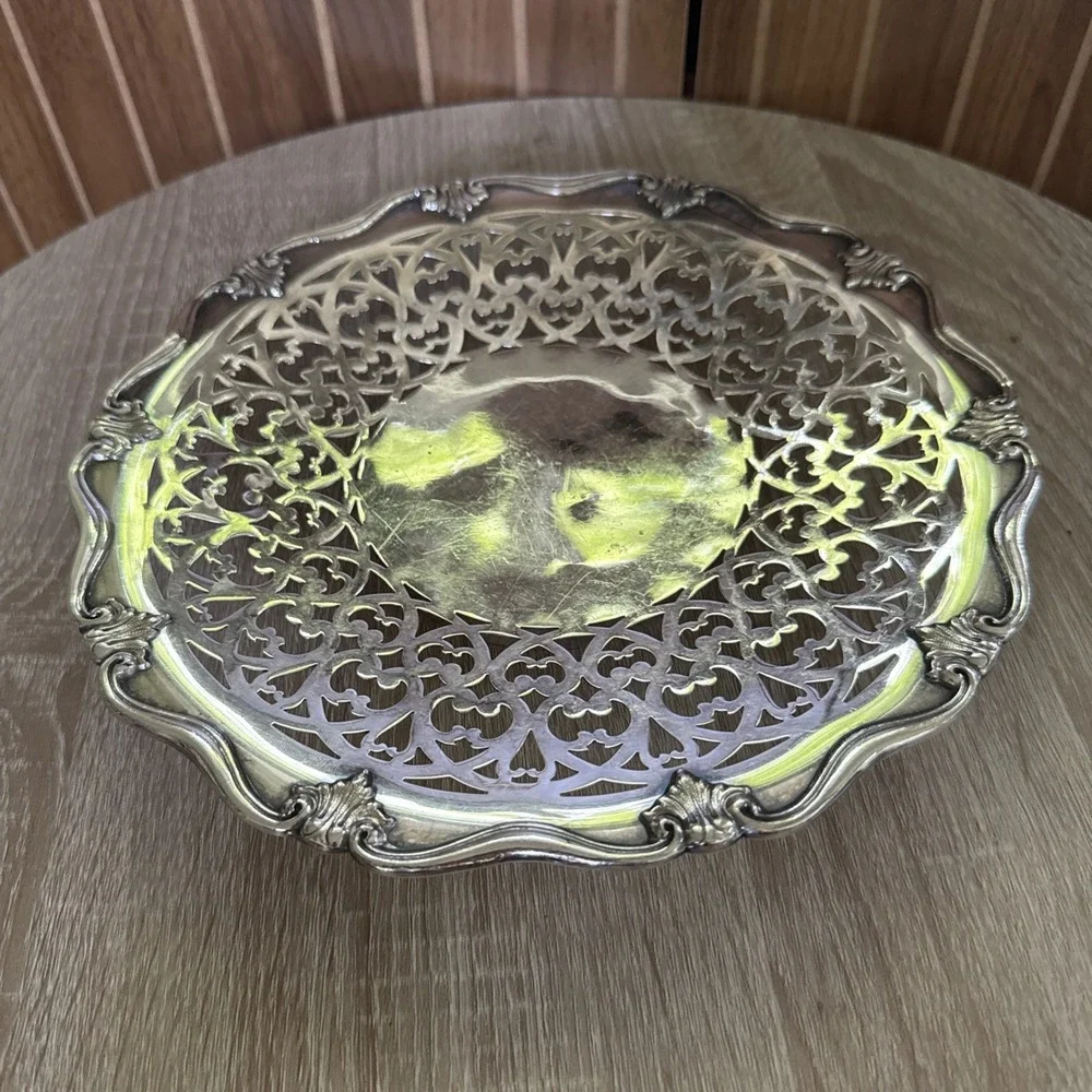 Ornate silver-plated decorative dish with open-work foliate design, HMCEP